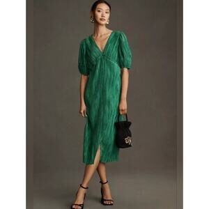 Anthropologie V Neck Pleated Slim Midi Dress Emerald Green Womens XS Puff Sleeve